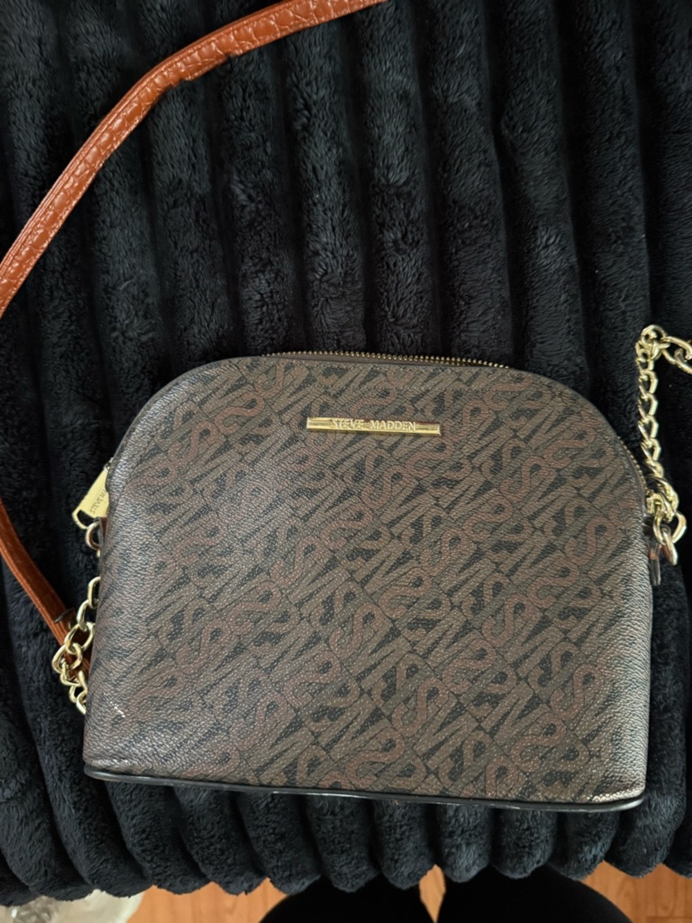 Steve Madden Brown Monogram Dome Crossbody with Gold Hardware